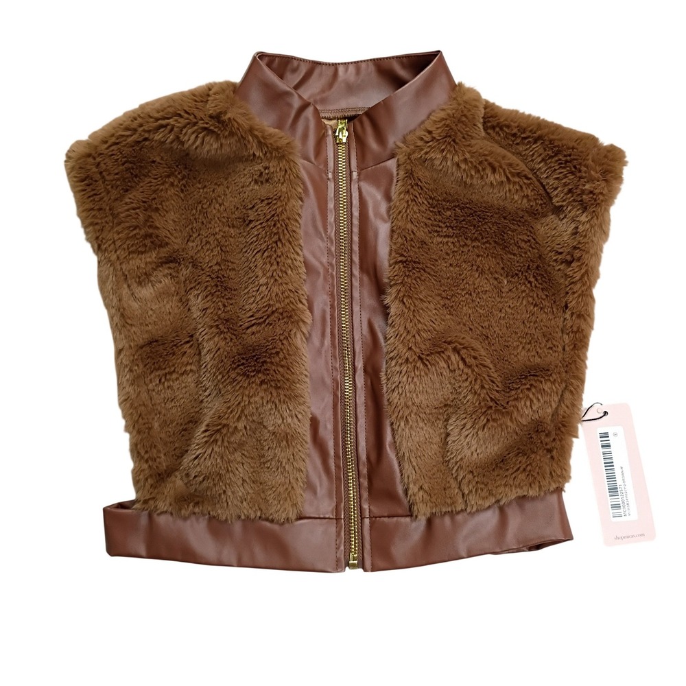 Micas Faux Fur Vegan Leather Corset Top Women Size M Brown NWT Zip Front Crop